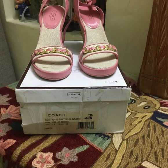 Authentic Coach Ellette Leather and Cork Platform Wedge Ankle Strap Sandals - Picture 8 of 10